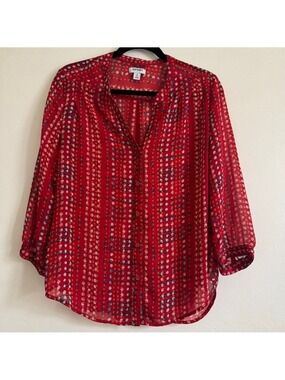 Old Navy Sheer Red Button Down 3/4 Sleeve Blouse with Polka Dots, Size M